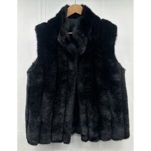 Vintage Maria Dionisiou L Black Faux Fur Vest Coat Open Design Lined Pockets